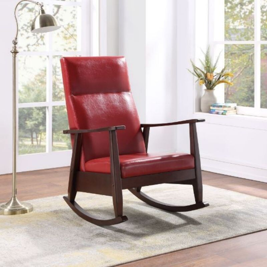 Raina Rocking Chair, Red PU & Espresso Finish, Upholstered Seat and Back Cushion