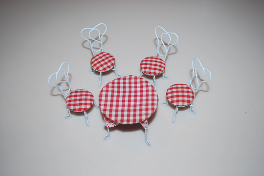 Dollhouse Table & Chairs Cafe Dinette Metal Checkered Picnic Bistro Set Vintage Miniature Furniture Dining Room Kitchen Outdoor