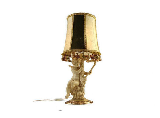 Antique Table Lamp With Green Beige Shade, Angel Statue Lamp, Cherub