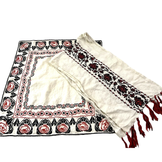 Vintage Embroidered Square Table Piano Shawl & Runner Red Black Linen