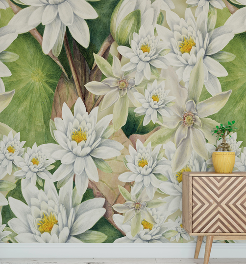 Botanical Flower Wall Mural. Color Pencil Artwork Boho Peel & Stick Wallpaper. Paradise Flowers & Leave Black Background. #6426