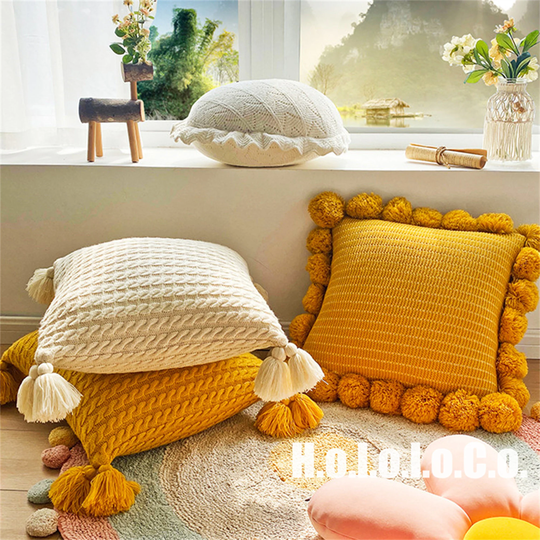 18x18'simple Knitted Sofa Throw Pillow With Tassels, Knitted Cover Ball, Boho Art Circle Pillow, Decor Cushion Pillow, Cushion