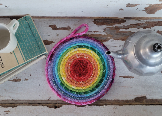 Fabric Scrap Trivet - {Joyful} Colorful Rope Trivet, Wrapped Kitchen Decor, Table Housewarming Gift, Wedding Gift