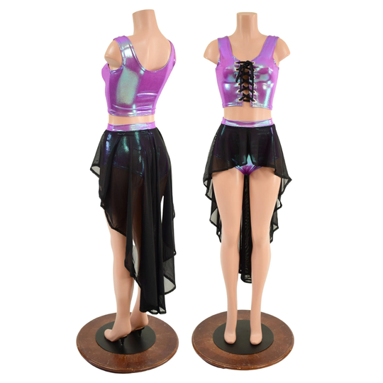 Plumeria Laceup Crop Tank & High Waist Siren Shorts With Black Mesh Hi Lo Overskirt | 36" Back Length Smooth Black Ties 1579195
