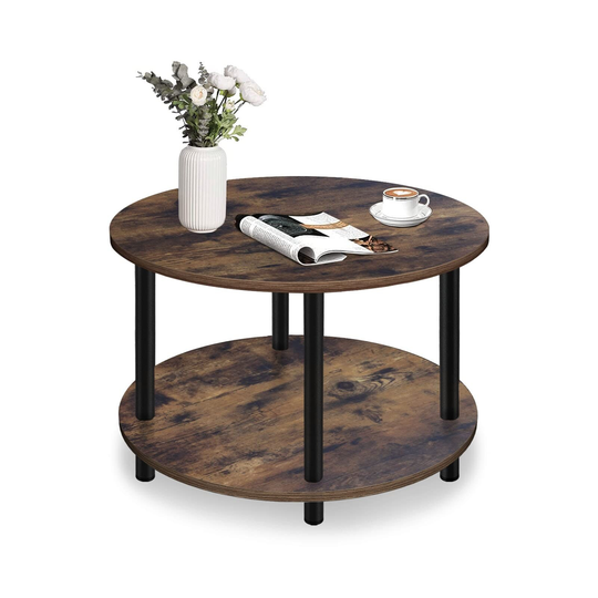 Round Coffee Table for Small Space, 23.5" 2-Tier Rustic Brown Wooden Coffee Table with Open Storage