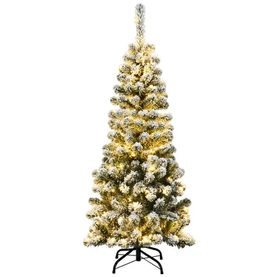 Snow Flocked Pencil 4.5' Green Pine Artificial Christmas Tree with 150 Clear/White Lights