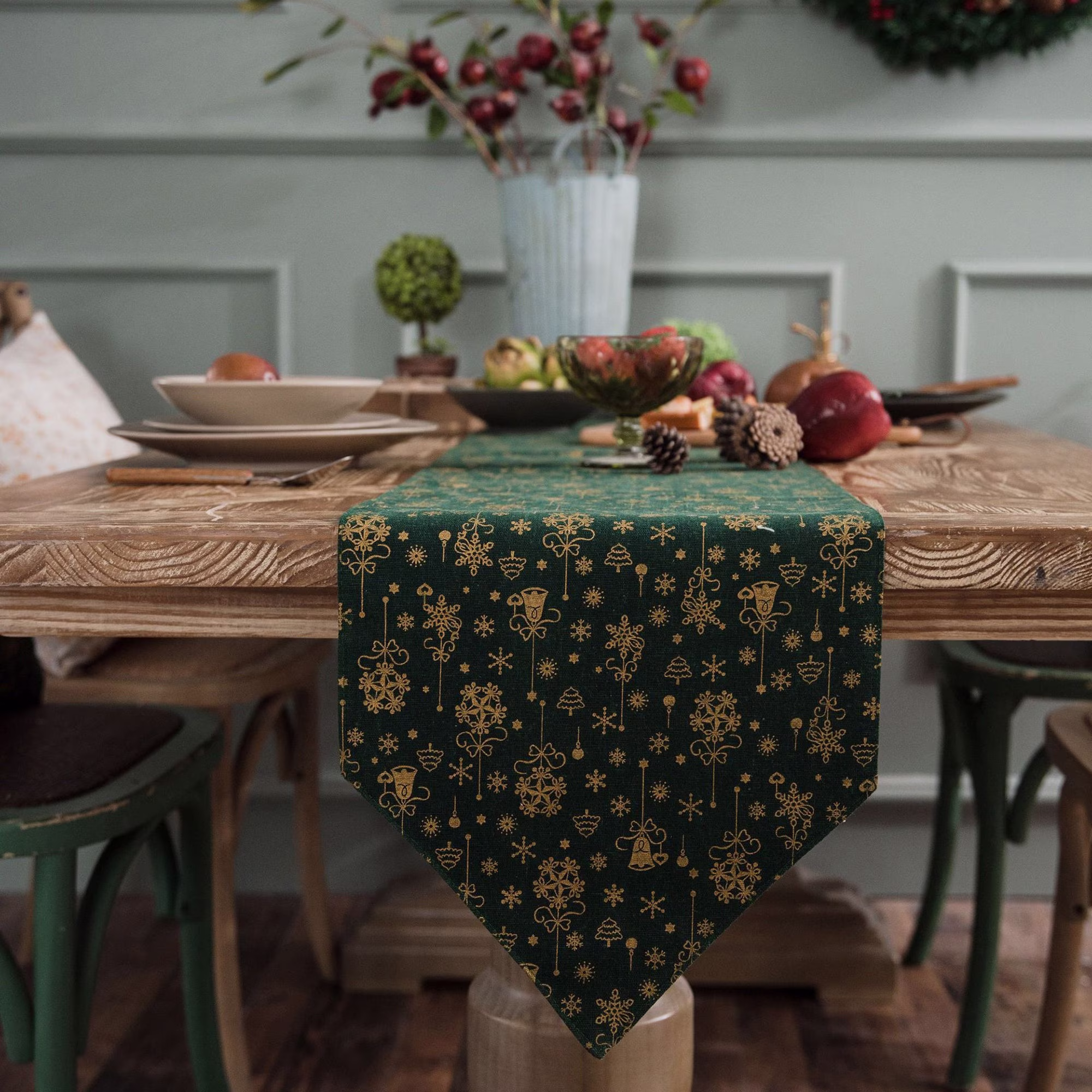 Christmas Table Runner, Green Golden Printed Tree, Dresser Scarf Winter Decor, Party