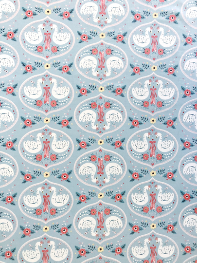 Paired Swan Princess & Ballet Shoes Blue Floral Quilting Cotton Fabric By 1/2 Yard Or Fat Quarter, White Crowned Swans