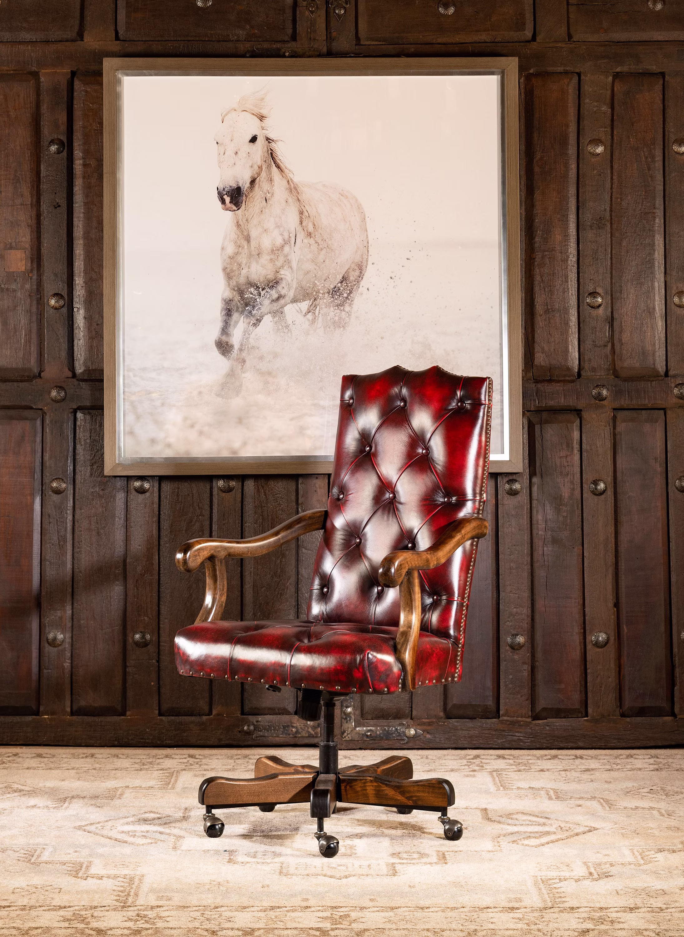 Chisum Coral Leather Desk Chair | Red American Made High Quality Executive Office Western Tufted