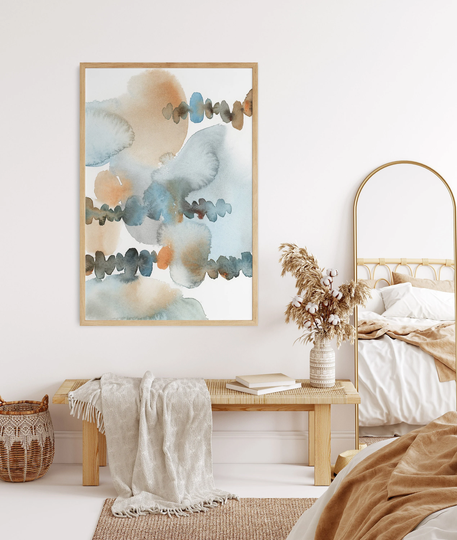 Abstract Painting, Blue & Earth Colors Art Print, Canvas Large Sizes Framed Options, Watercolor, Wall Hanging
