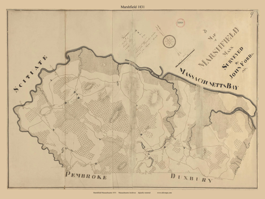 Marshfield 1831 Town Plan - Old Roads Map Reprint Restored Massachusetts Archives Ma