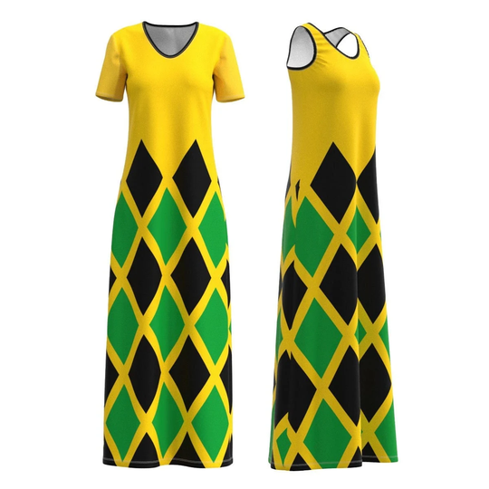 Jamaica Diamonds Flag Color Black Green Gold Yellow Jamaican Pride Modest Long Maxi Dress Short Sleeve Sleeveless