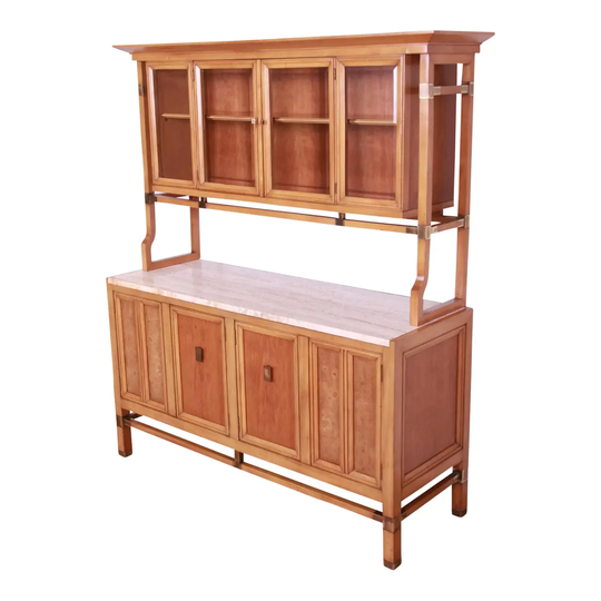 J. L. Metz Mid-Century Modern Sideboard Or Bar Cabinet in Cherry, Burl, Travertine, & Brass