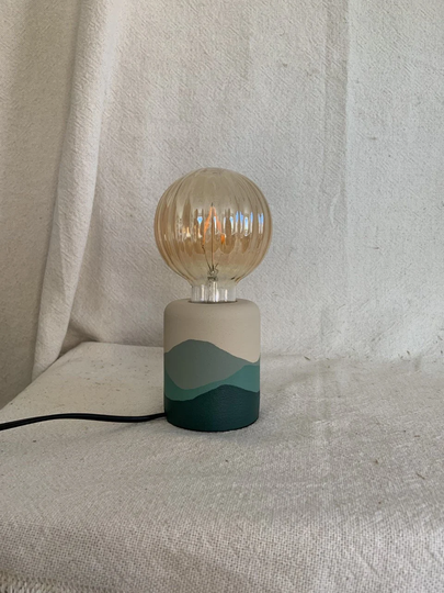 Hand Painted Table Lamp | Exposed Bulb Boho Home Matte, Textured Finish Desk Light Uk Only Green Mountain Landscape Style