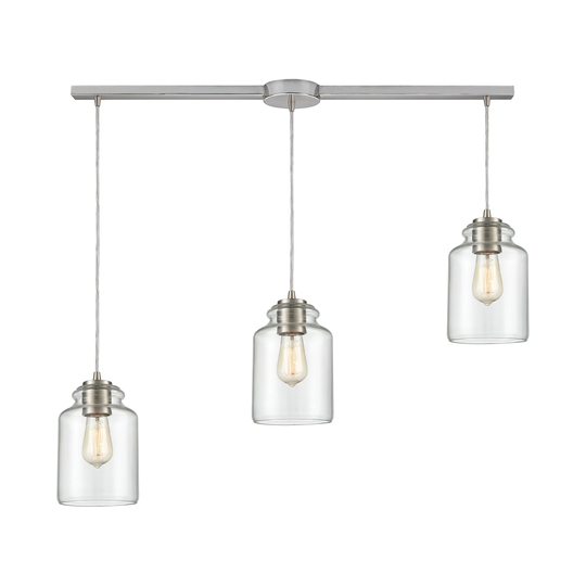 Josie 3-Light Linear Mini Pendant Fixture in Satin Nickel with Clear Glass