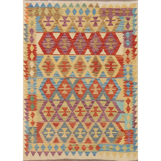 Colorful Kilim Oriental Area Rug Flat-weave Geometric Wool Carpet - 5'0" x 6'4"