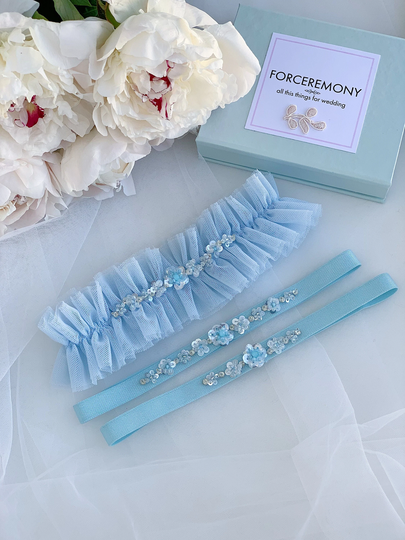 Blue Wedding Garters Set With Crystals & Sequins, Wide Ruffled Tulle Garter For Bride, Stretchy Leg Bridal Garter, Something Blue