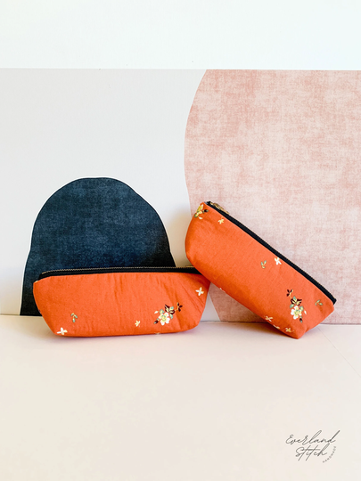 8 Inch Zipper Pouch, Small Travel Accessory Bag, Makeup Cosmetic Pencil Case - in Dainty Floral Rust Orange With Blue Metallic Lining