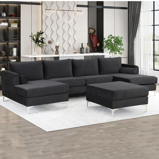 Velvet Fabric U-Shaped Sofa with Ottoman and Reversible Chaise - 124" x 52"x 31"