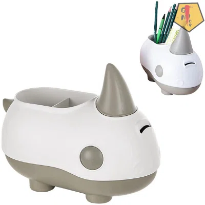 Cute Rhinoceros Pencil Holder Desktop Organizer With Piggy Bank, Multifunctional Desk Storage Box Sundries Container With 2 Compartments, Desk Pen Hol