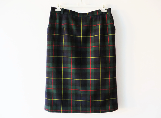 80S Green Wool Tartan Plaid Skirt Checkered Pure New Pencil Scottish Fitted Office Gift For Her Size Large
