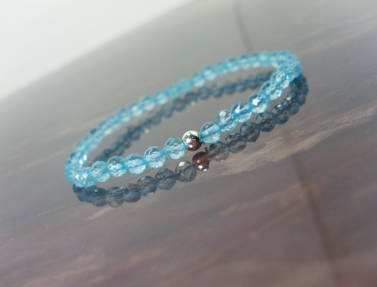 Dainty Blue Topaz Faceted Bracelet 4mm + Sterling Silver Bead, Natural Gemstone Bracelet, Stretch Beaded For Women Girl Gift Bag