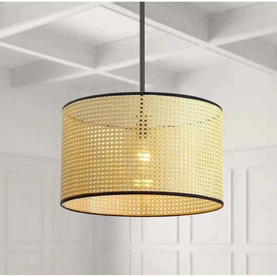 Light Brown 1-Light Rattan Woven Farmhouse Cylinder Shape Pendant Light