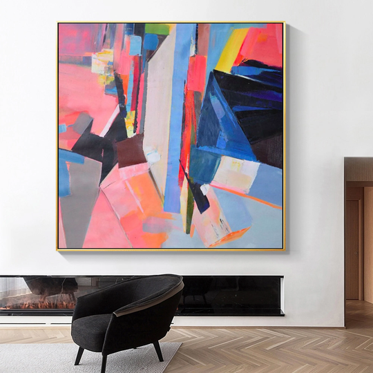 Large Abstract Colorful Frame Oil Painting Texture Color Block Pink Blue Gray Wall Art Contemporary Living Room Decor