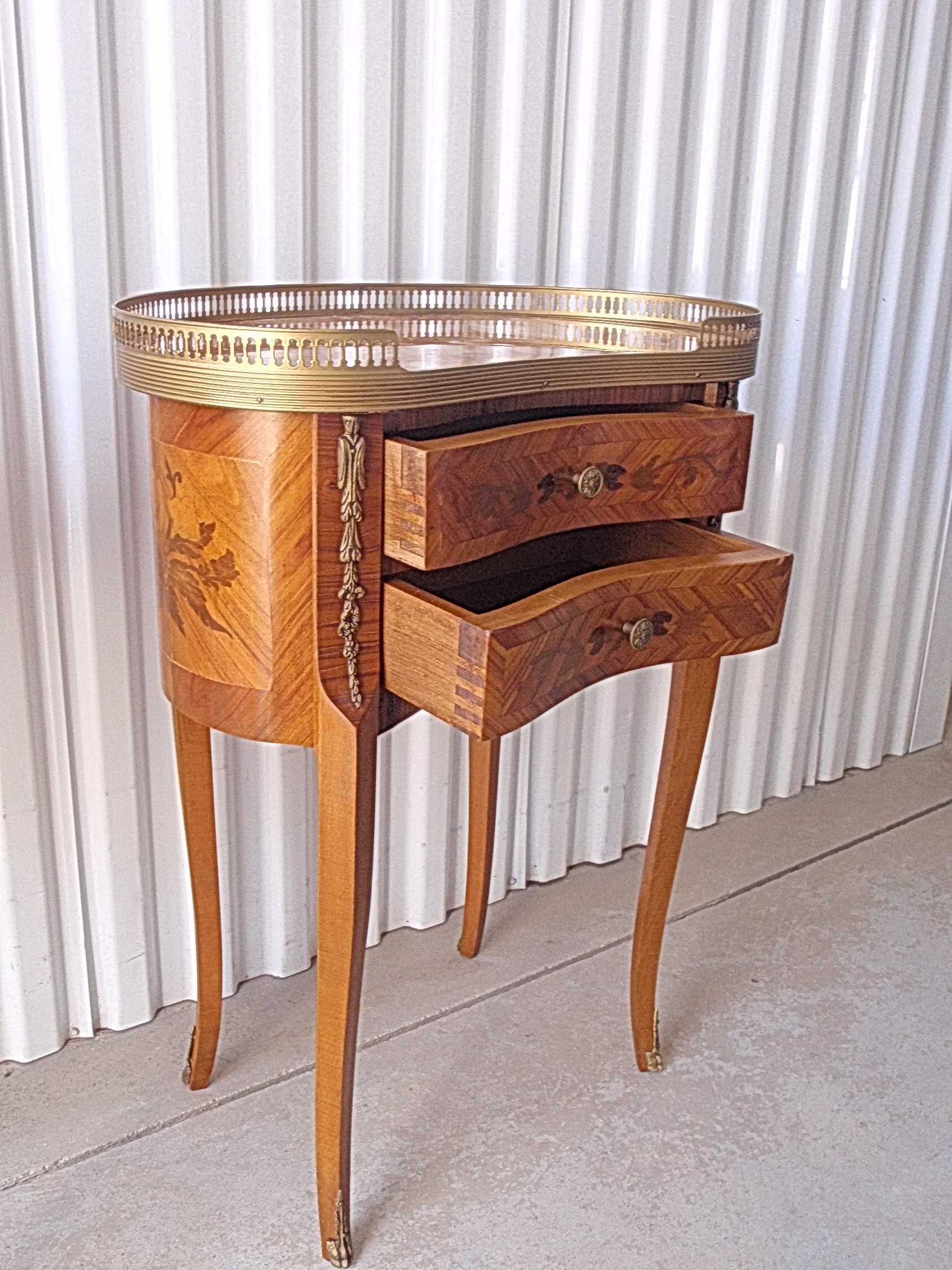 2 Louis Xv Side Tables Pair French Inlaid Marquetry Kidney Shaped End Tables, For Living Room Or Bedroom Decor