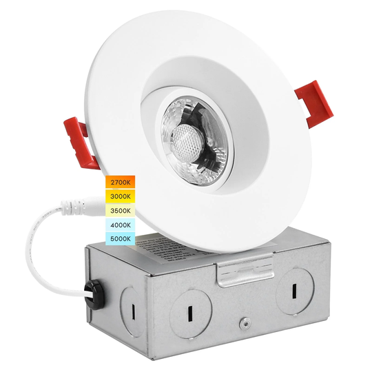 Luxrite 3" Gimbal LED Recessed Light with J-Box, 8W, 5 Color Selectable, 600 Lumens, Dimmable, Damp Rated