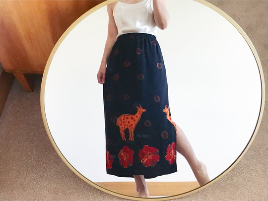 Vintage Skirt Midi Maxi Animal Print Deer Straight Pencil Fun Black Orange Made in USA Size M