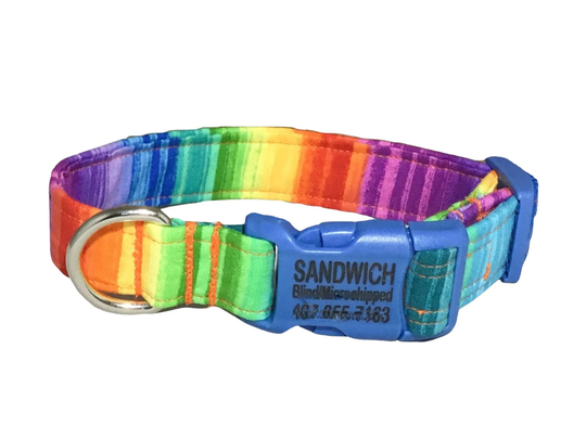 Engraved Rainbow Striped For Dogs - Personalized Buckle - Name & Phone Number - Small To X Large Sizes -1 Inch Widths -Choice Of Buckle Color