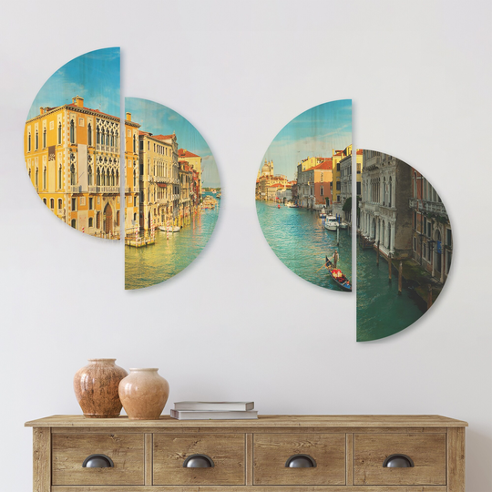 Designart 'Vibrant Evening Venice Italy' Cityscape Wood Wall Art Set of 4 Half Circles - Multi-Color