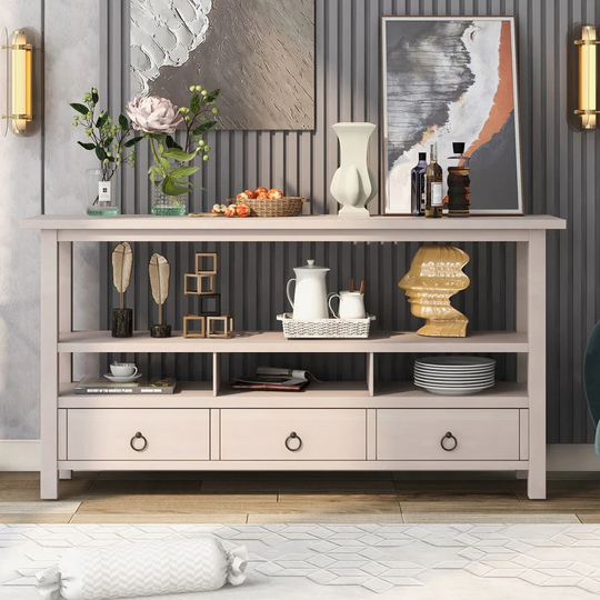 Solid Wood Console Table with Double-Storey Tabletop and 3 Drawers