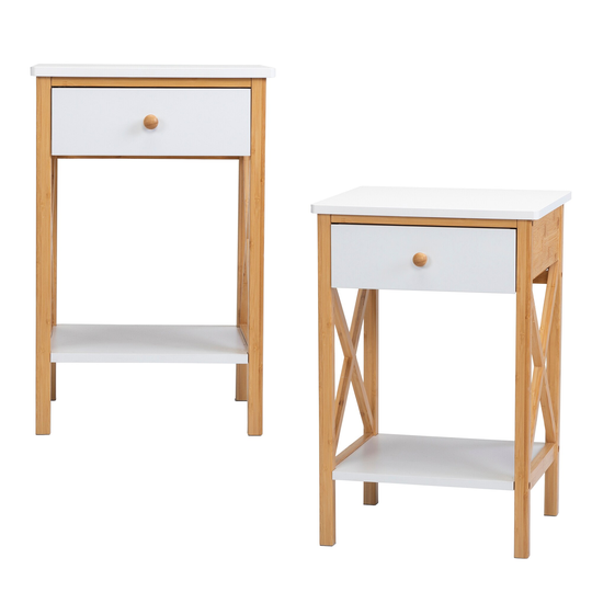 Bamboo Nightstand Set of 2, Wood End Table with Drawer, Side Table