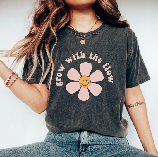 Grow With The Flow Shirt, Comfort Colors Tee, Retro Flower Smile Positive Affirmation Tshirt, Women's Floral Happy Shirt