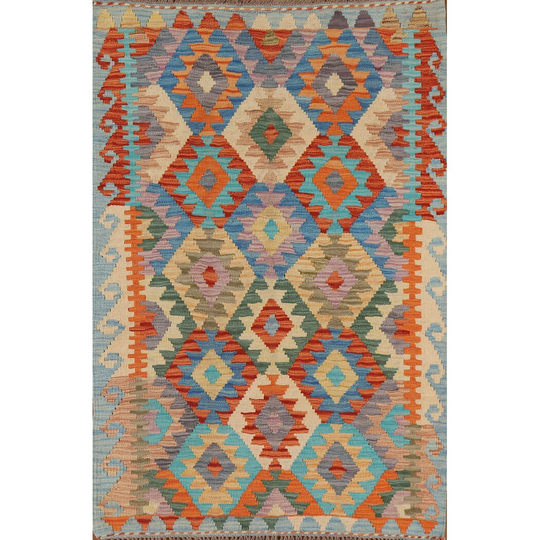 Multi-Color Kilim Oriental Area Rug Hand-woven Wool Foyer Carpet - 3'3" x 5'2"
