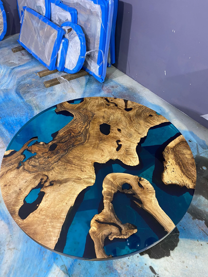 Epoxy Coffee Table, Custom 48" Round Walnut Transparent Turquoise Green Dining River For Steve R
