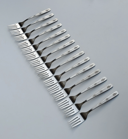 International Decorator Rose Lace Stainless Salad Fork Set - Of 15 Forks Burnish Handle With Inset Design 6.5"