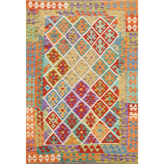 Colorful Trellis Kilim Oriental Area Rug Flat-weave Wool Carpet - 4'11"x 6'3"