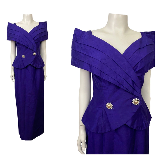 Vintage Purple Silk Suit Dress Set/Off The Shoulder Blouse Long Pencil Skirt Women's Medium