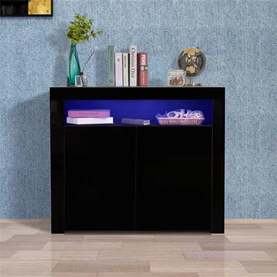 Sideboard Storage Cabinet White High Gloss With Led Light And 2 Doors