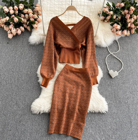 Knitted Sets V-Neck T-Shirts Plaid Sweater Sets/ Long Sleeve & Knee-Length Pencil Skirts/ Gift For Women/Gift Love/ Anniversary
