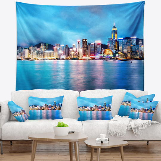 Designart 'Colorful Hong Kong at Night' Cityscape Wall Tapestry