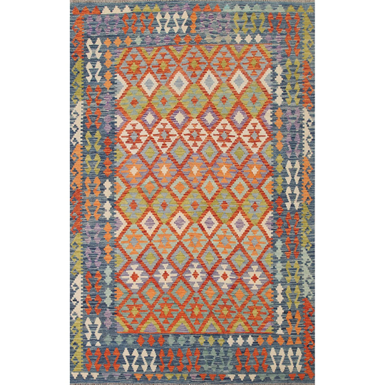 Geometric Multi-Color Kilim Rug Flatweave Wool Carpet - 6'10"x9'8"