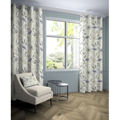 Florence Powder Blue Printed Floral Curtains Pencil Pleat Blackout Lined Width 228Cm (90") X 137Cm (54")