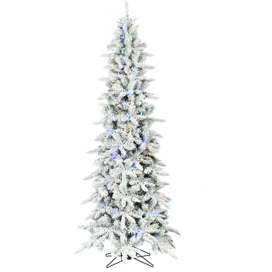 Fraser Hill Farm 7.5-Ft. Slim Mountain Pine Flocked Christmas Tree with Multicolor LED Lights