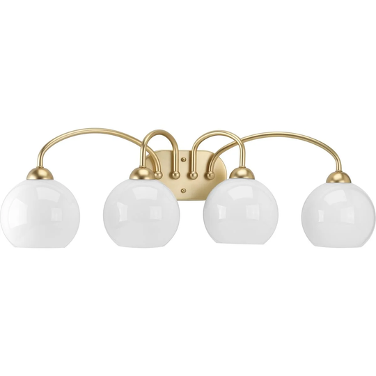 Carisa Collection Four-Light Vintage Gold Opal Glass Mid-Century Modern Bath Vanity Light - 10" x 32.75" x 8"