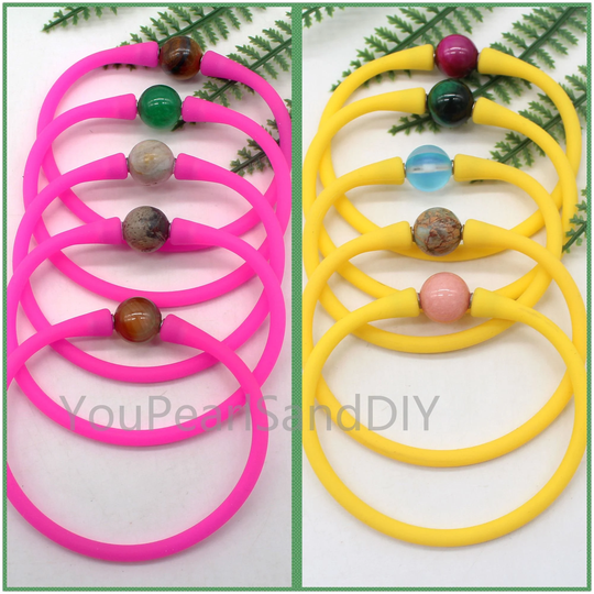 39 Colors Silicone Rubber Waterproof Stretch & 12mm Round Natural Stone Bracelet, Gemstone Bracelet, Valentines Gift, Jewelry Gift-W024