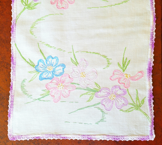 Dogwoods Bureau Scarf, Table Runner 11.5" X 39" Hand Embroidered Pale Pastel Flowers On Off-White Linen, Variegated Purple Crocheted Trim